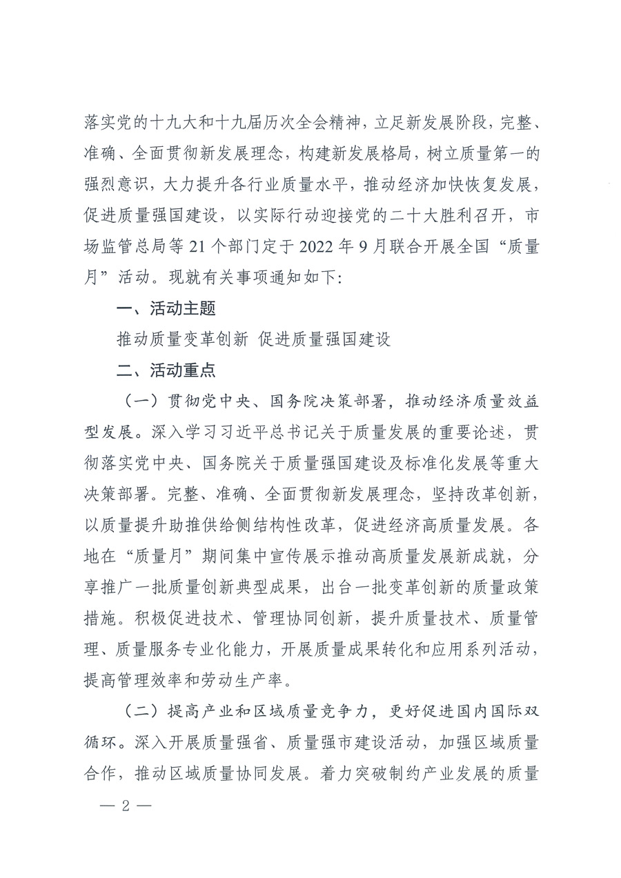 市場監(jiān)管總局等21個部委（部門）發(fā)文部署開展2022年全國&ldquo;質(zhì)量月&rdquo;活動（國市監(jiān)質(zhì)發(fā)〔2022〕76號）